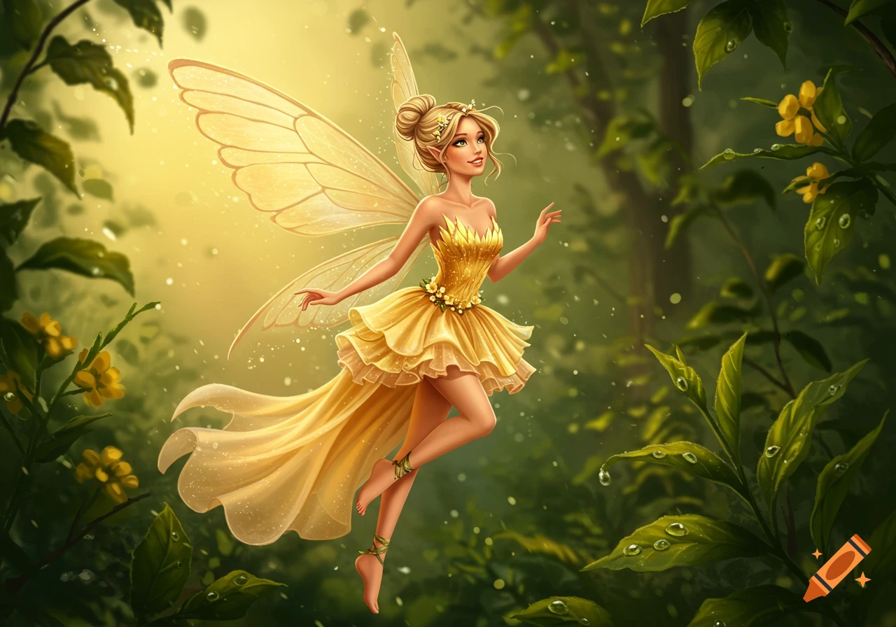 A magical fairy with golden wings and a flowing yellow dress floats gracefully in a sunlit, vibrant green forest.
