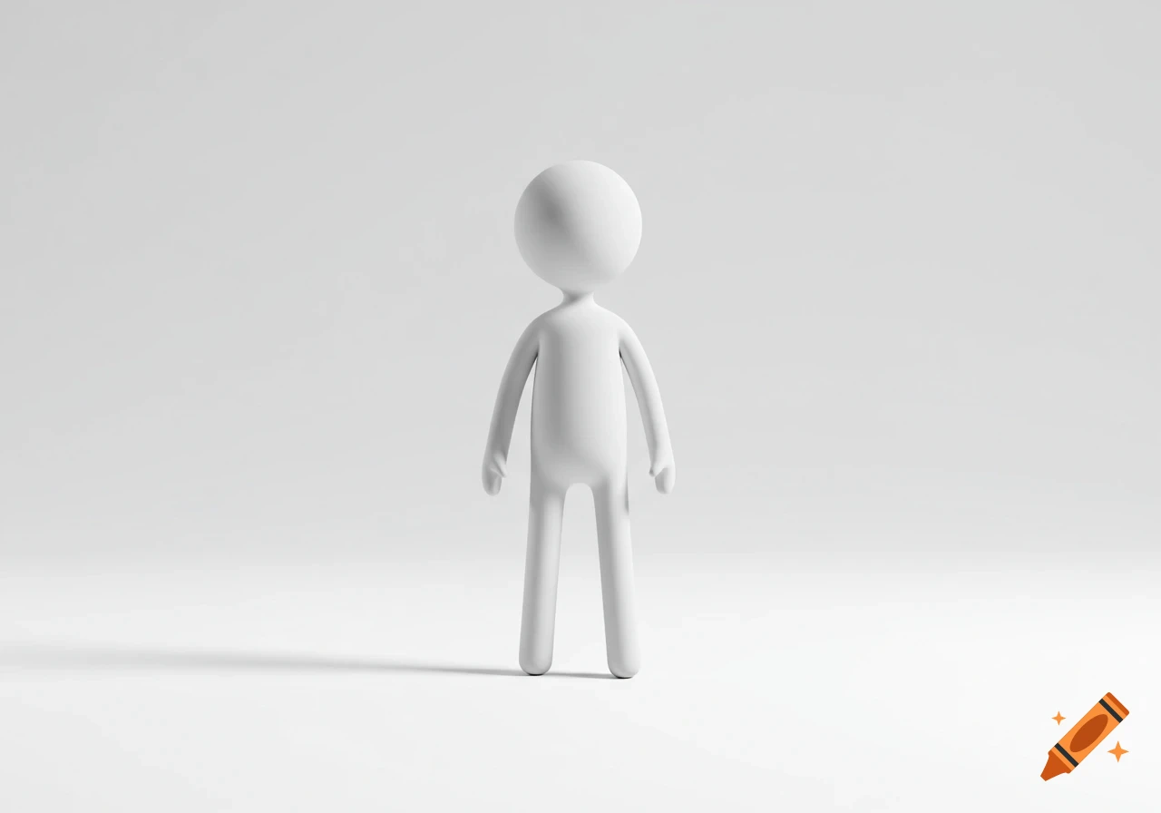 A white 3D rendered stick figure with a rounded head and body stands against a plain white background.