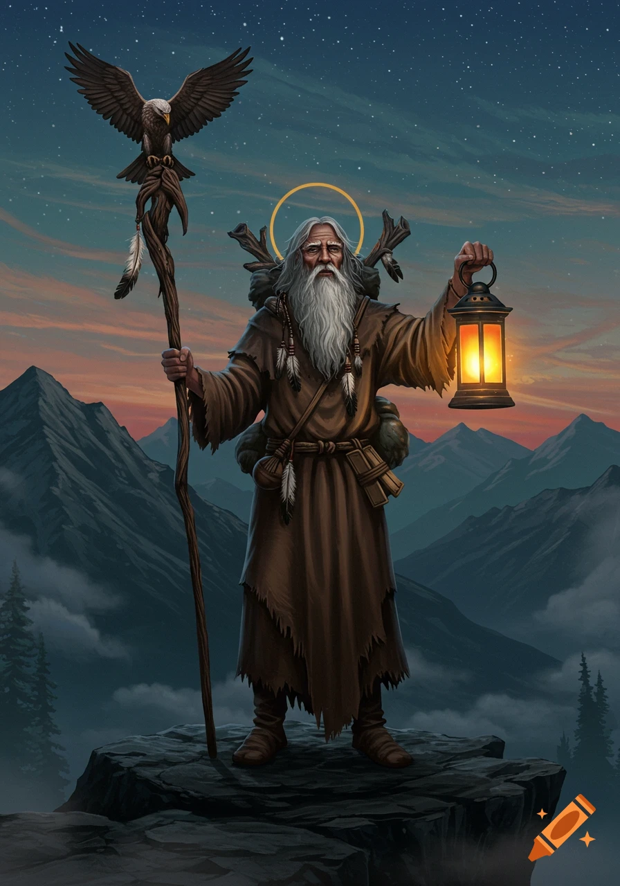 A wise old hermit with a long white beard, wearing a brown robe, stands on a mountain peak at dusk, holding a lantern and a staff topped with an eagle.