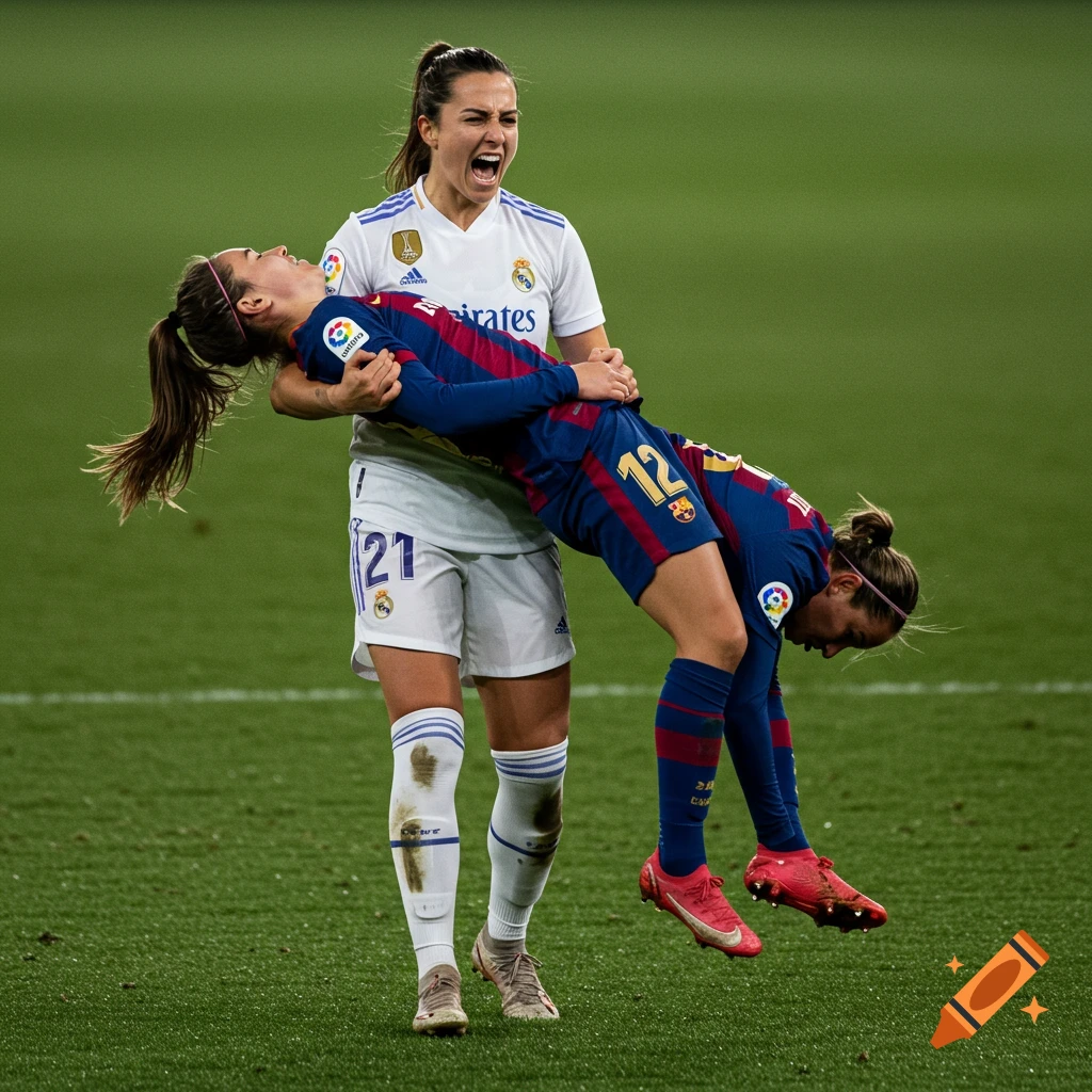 A Real Madrid female soccer player carries a Barcelona player on a green field, both showing strong emotions.