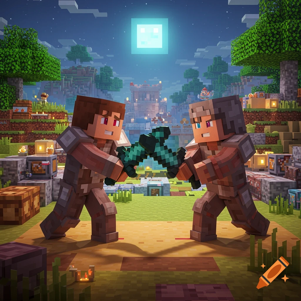 Two blocky Minecraft characters in armor fight with swords, standing on a dirt path in a pixelated fantasy landscape with a castle and trees, under a square moon.