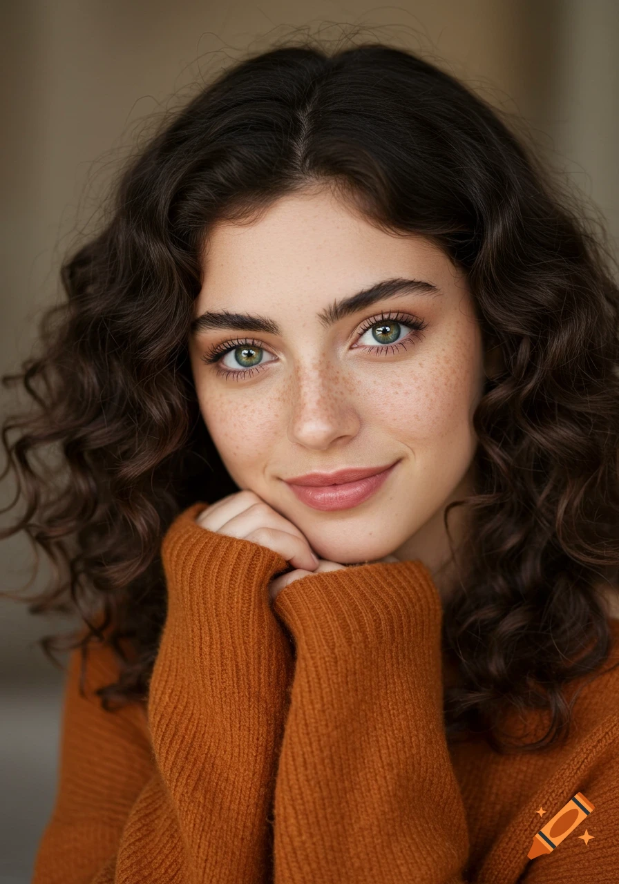 Photorealistic portrait of a young woman with wavy dark brown hair, green eyes, freckles, and a soft smile, wearing a burnt-orange sweater.