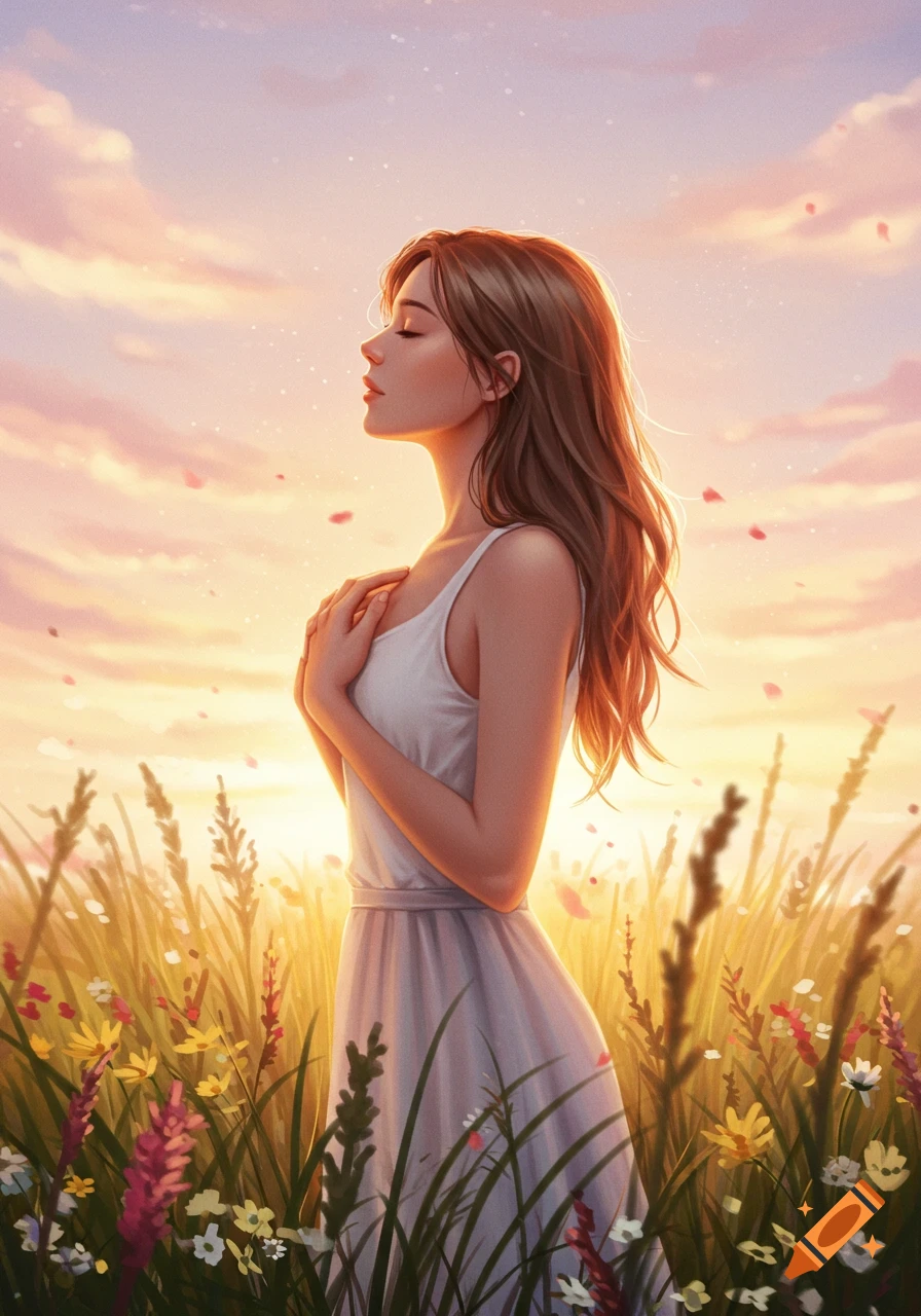Stylized illustration of a woman in a white dress standing peacefully in a wildflower field at sunset, eyes closed, hands on chest.