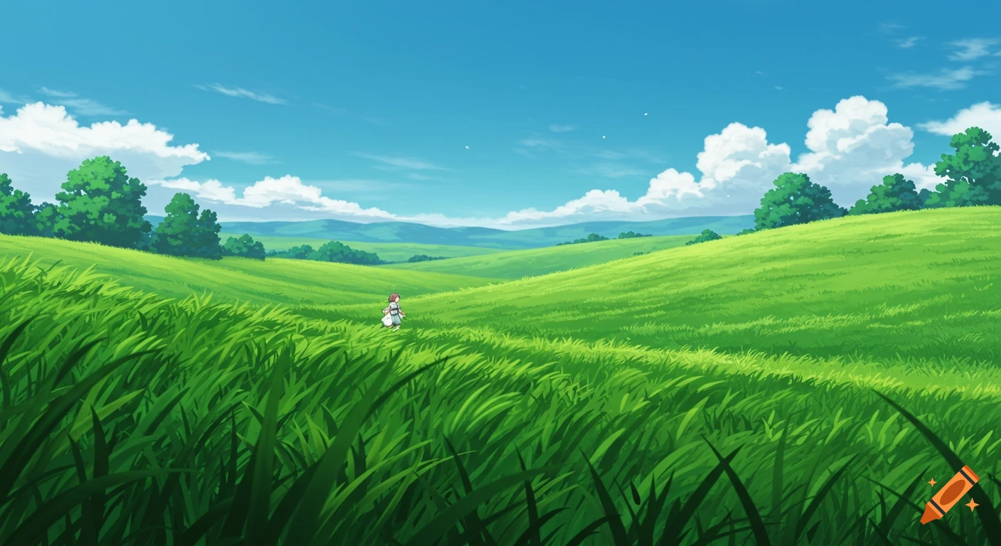 A small anime character walks through a vast green grassland under a blue sky with white clouds and distant hills.