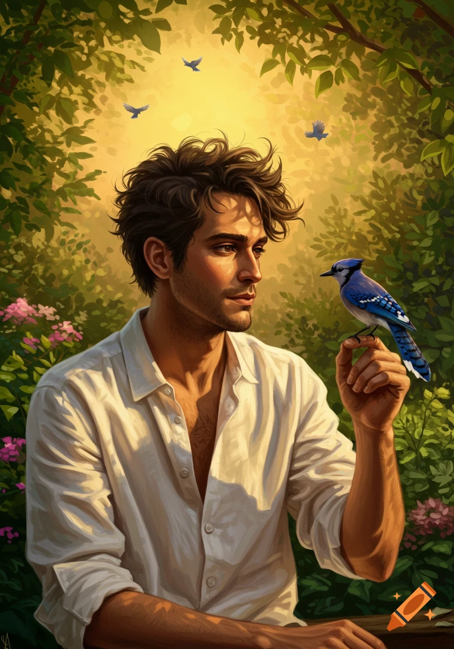 A man in a white shirt looks at a blue jay perched on his finger, surrounded by lush green foliage and golden light in a painterly style.