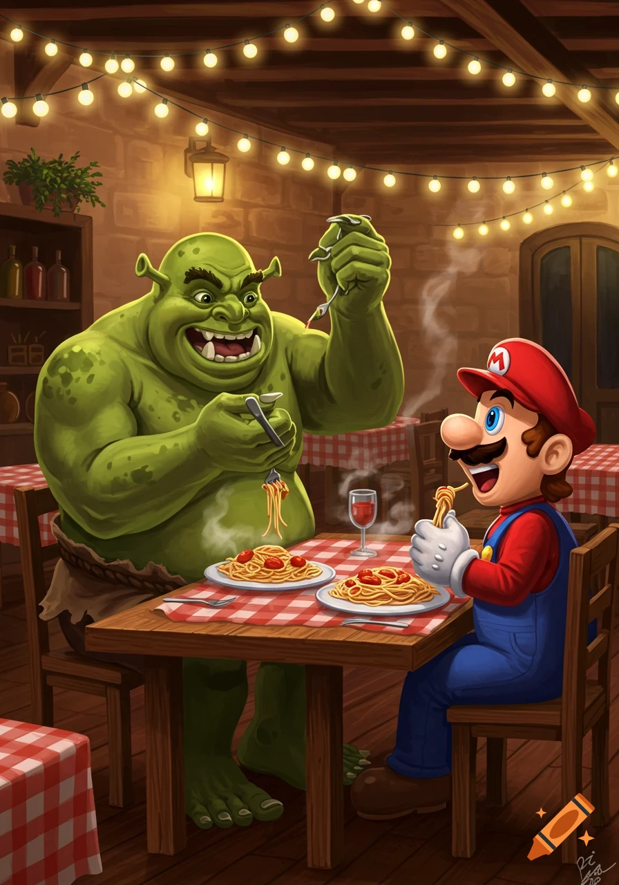 Shrek and Mario happily eat spaghetti in a warmly lit Italian restaurant with checkered tablecloths and string lights, in a vibrant cartoon style.