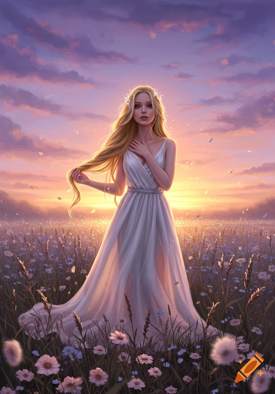 Digital art of a blonde woman in a white dress in a field of flowers at sunset.