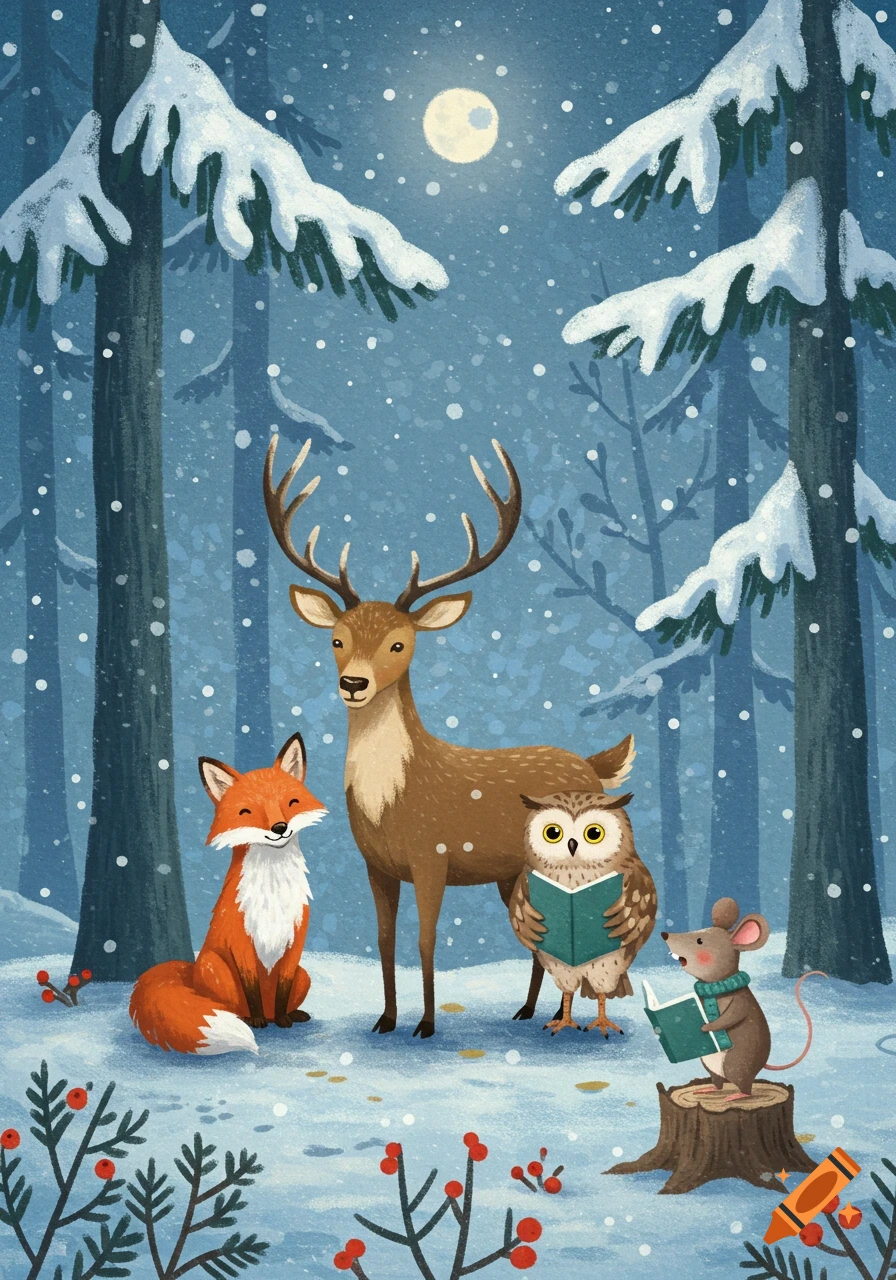 A charming illustration of a deer, fox, owl, and mouse reading books in a snowy forest at night.