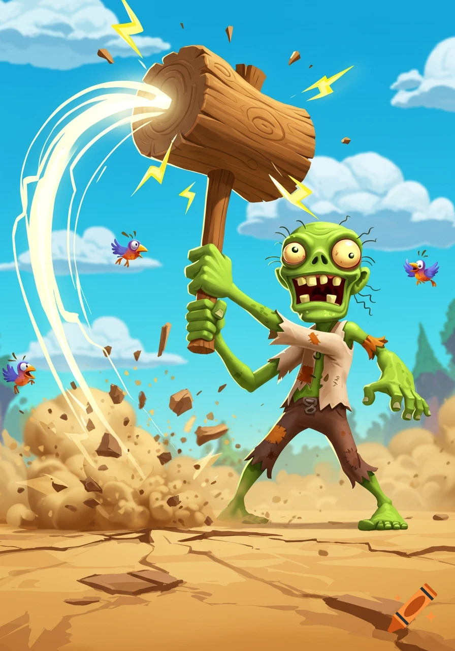 A green cartoon zombie smashes dry ground with a huge wooden hammer, sending debris flying. Colorful birds fly under a blue sky, cartoon style.