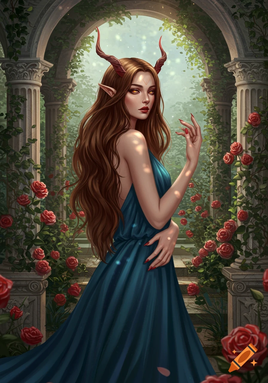 A long-haired brunette woman with horns and pointed ears wears a blue dress in a rose garden with stone arches.