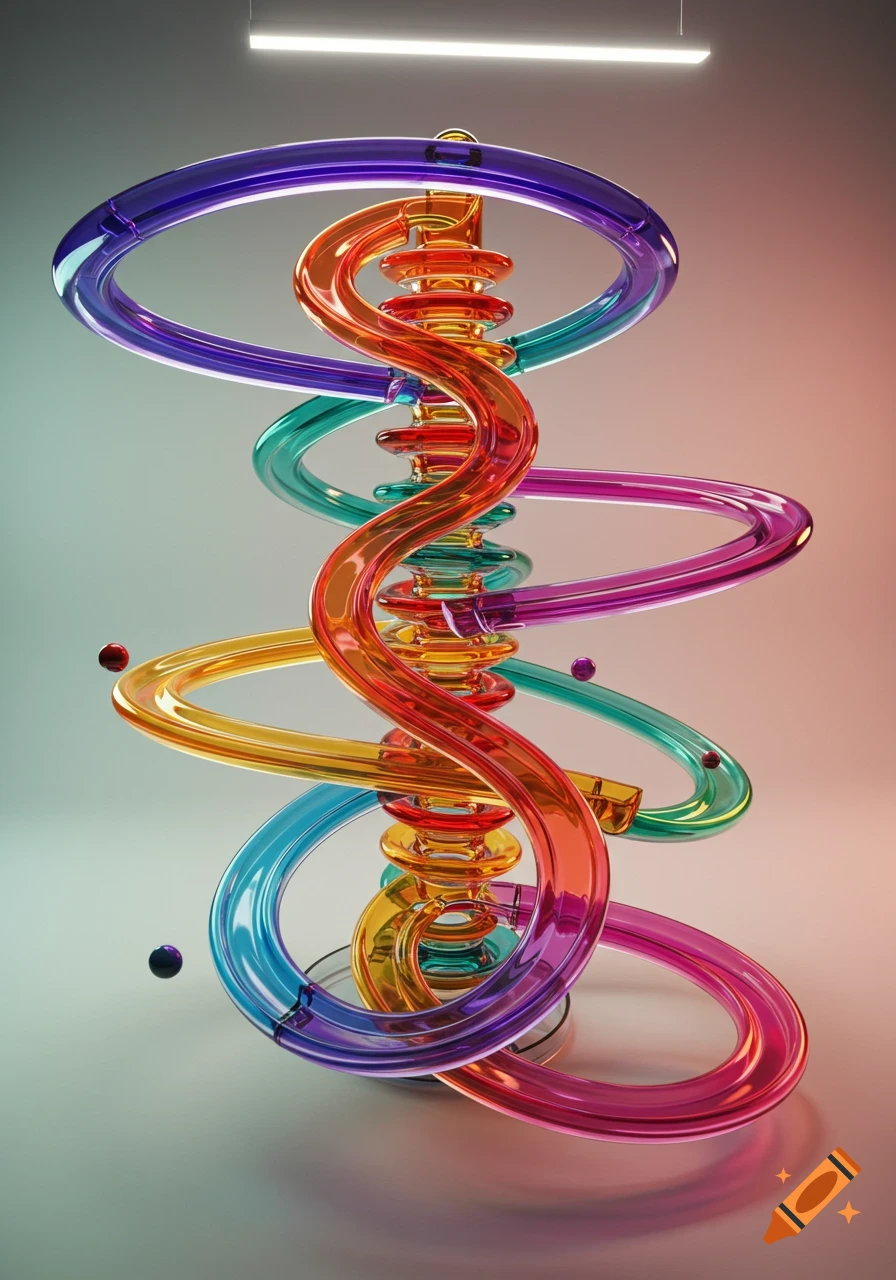 A colorful, translucent, spiraling marble run sculpture with small spheres against a gradient background.