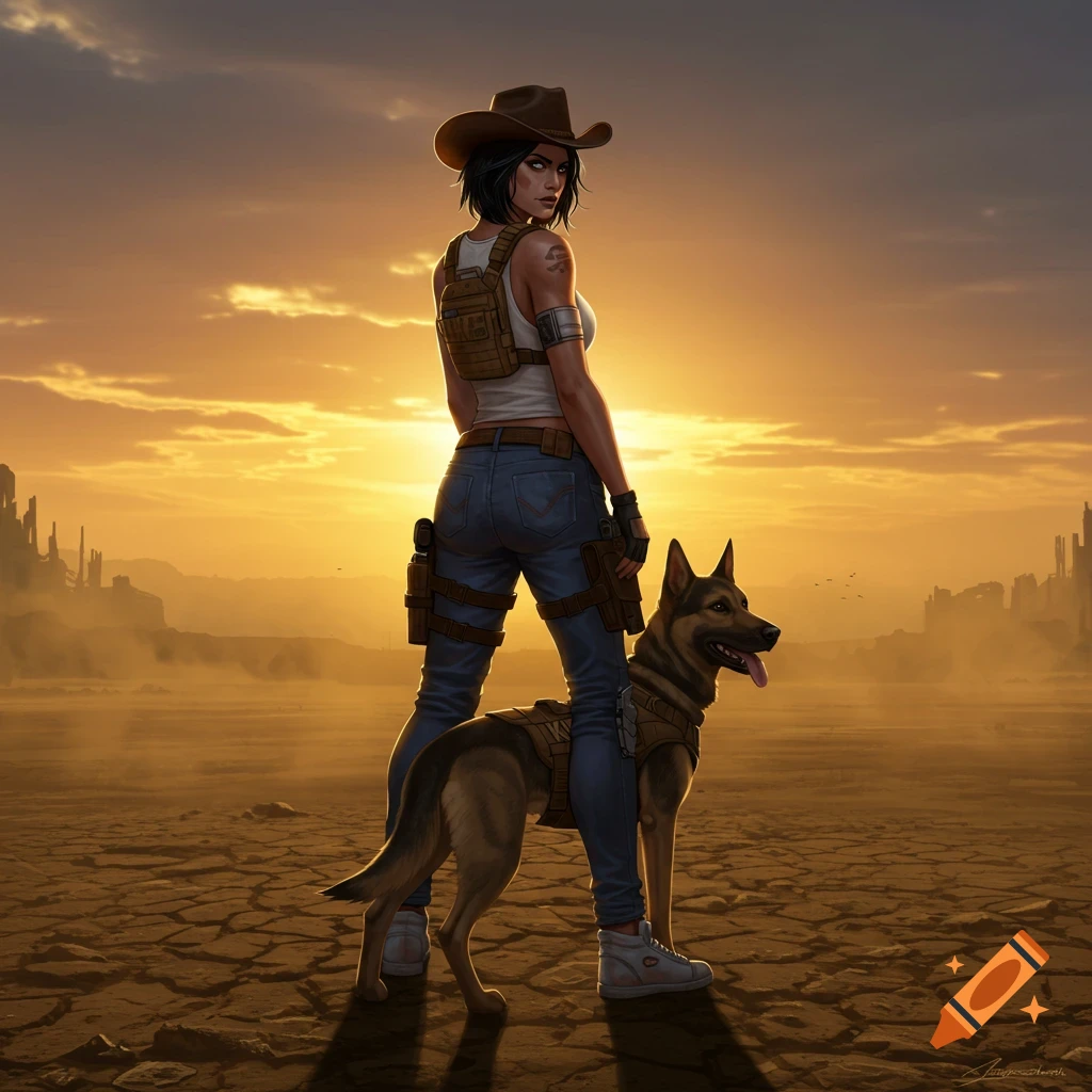 A digital art image of a woman in a cowboy hat and tactical gear standing with her dog in a cracked desert at sunset.