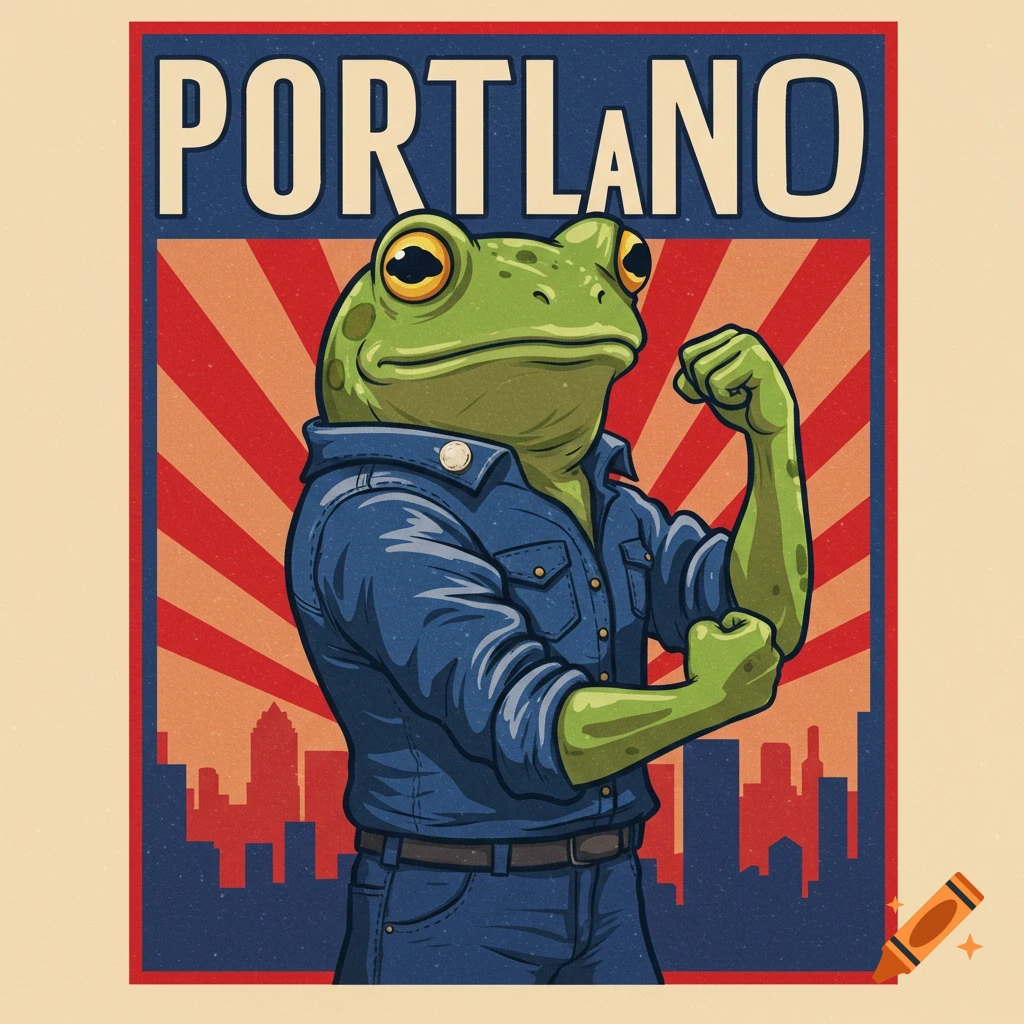 A vintage-style poster illustration of an anthropomorphic green frog in a blue work shirt, flexing its bicep. The background features red and beige sunburst rays, a blue city skyline, and the word "PORTLAND" in white capital letters at the top.