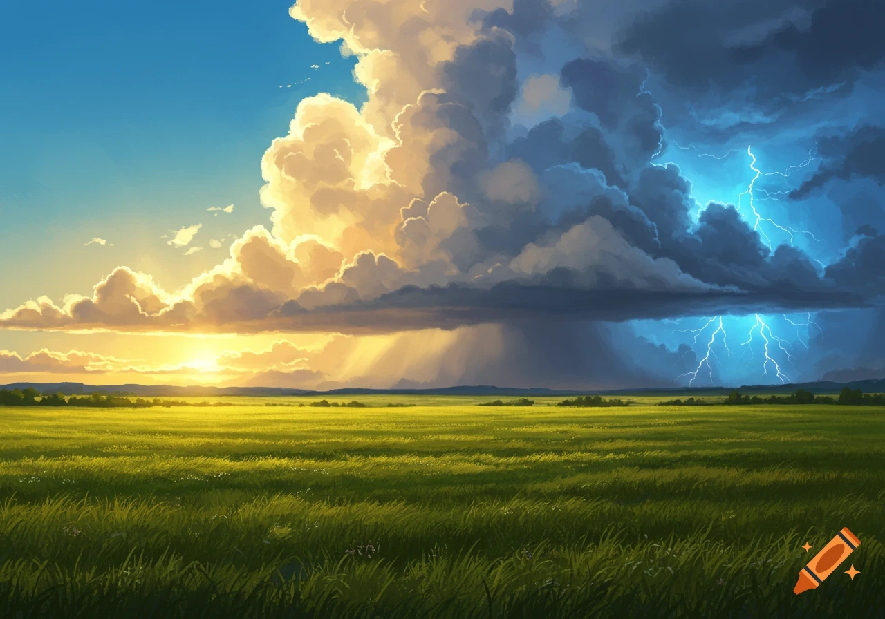 A vibrant green field under a sky split between a sunny, golden cloudscape and a dark, stormy front with lightning.