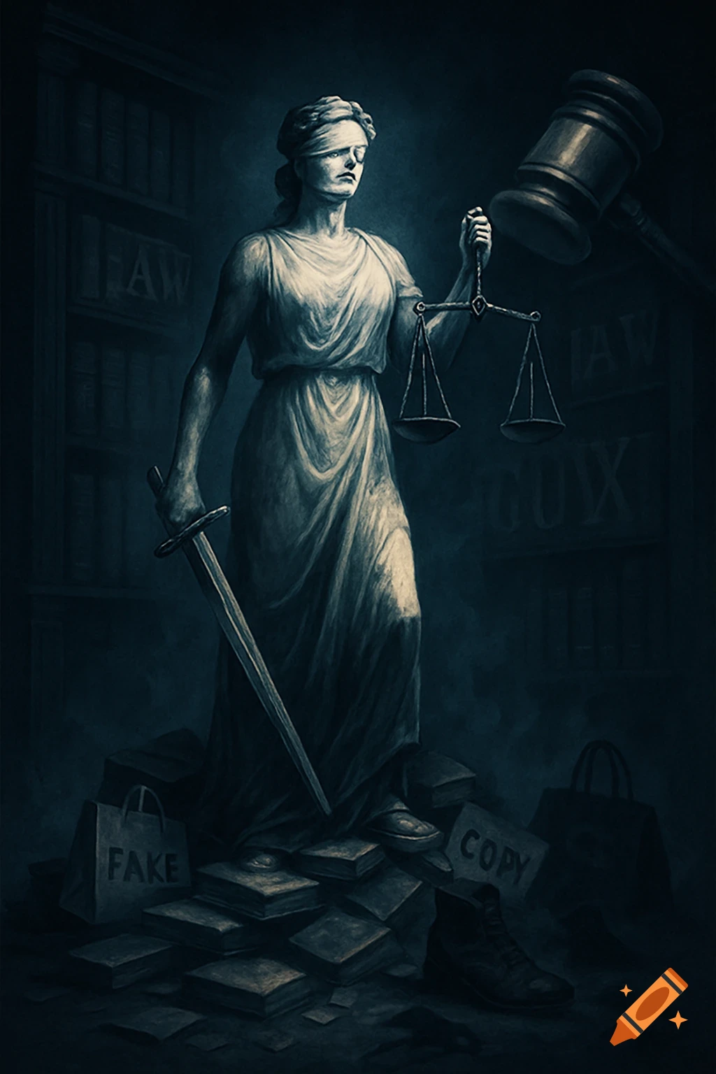 Lady Justice stands blindfolded amidst books, holding scales and a sword, with a gavel and papers labeled 'FAKE' and 'COPY' in a dark, stylized setting.
