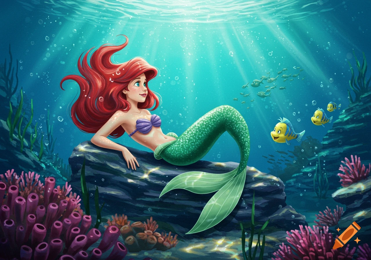 Ariel the mermaid with red hair and a green tail sits on an underwater rock with Flounder and other fish in a vibrant cartoon style.