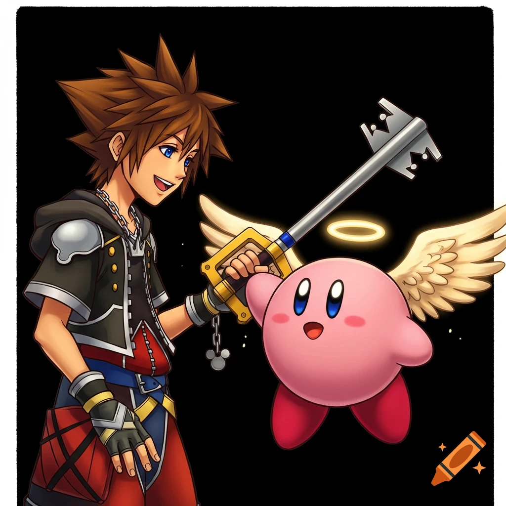 Anime-style Sora from Kingdom Hearts holds a Keyblade with a winged, haloed Kirby, both smiling on a black background.
