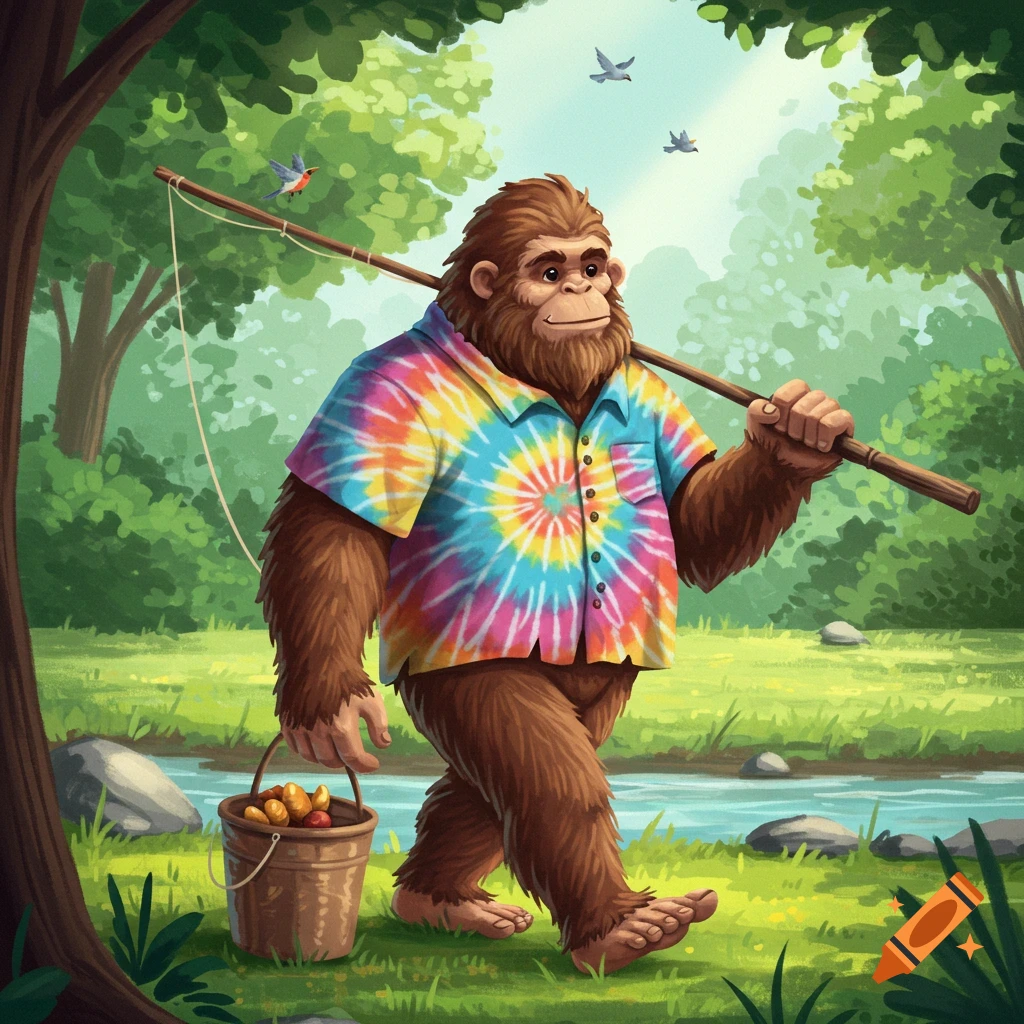 A friendly Bigfoot wearing a vibrant tie-dye shirt carries a fishing pole and a bucket of fish while walking through a lush forest beside a stream.