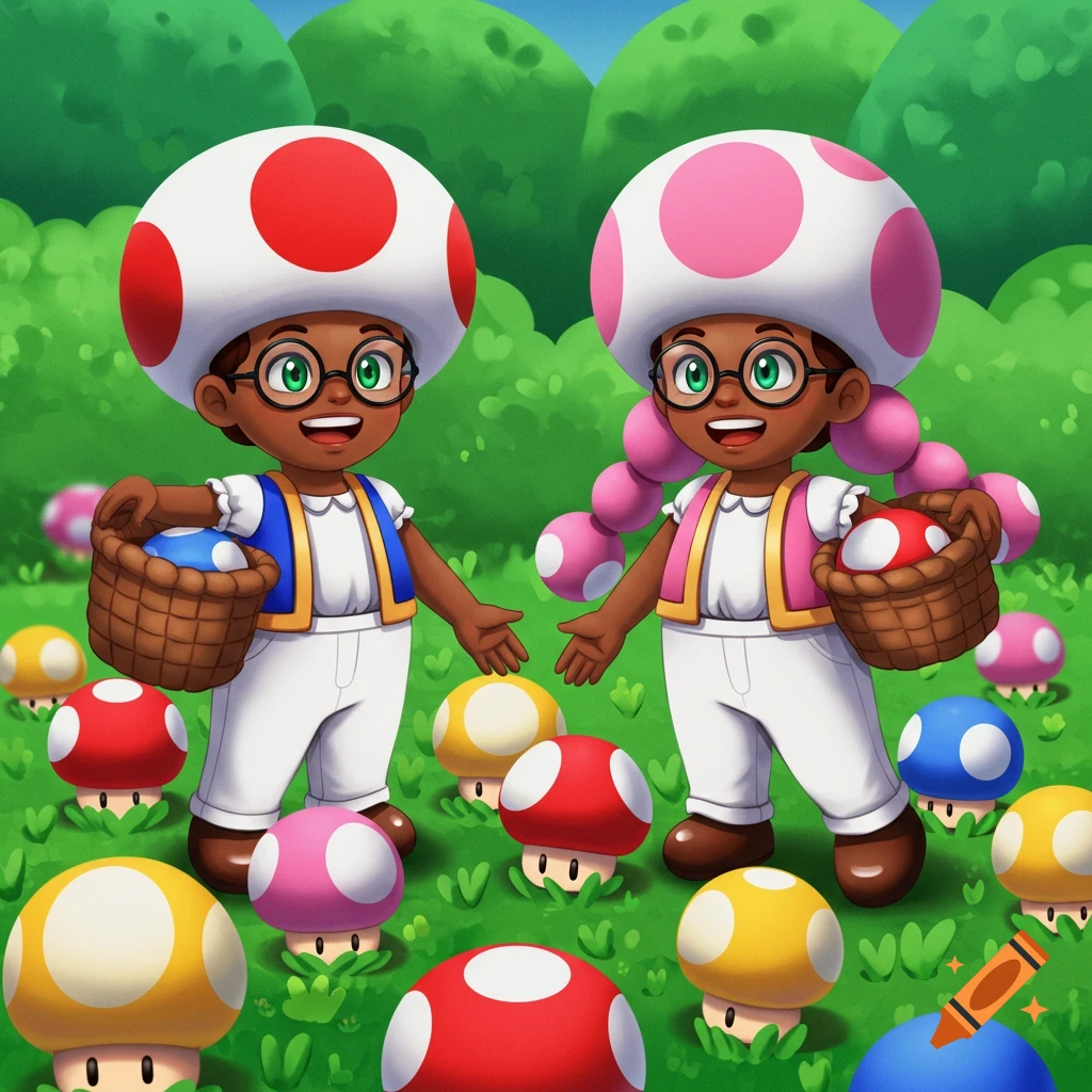 Two cheerful children dressed as Toad and Toadette collect colorful mushrooms in a vibrant cartoon forest.