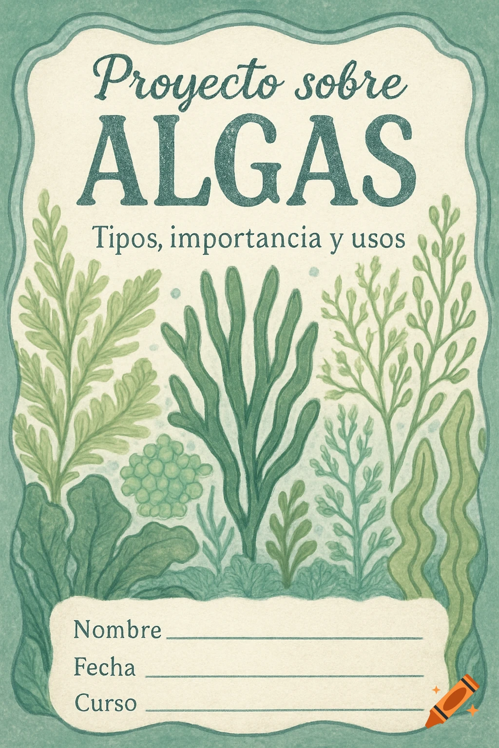 Illustrated cover for an 'Algae Project' in Spanish, featuring various green seaweed, a textured green border, and spaces for name, date, and course.