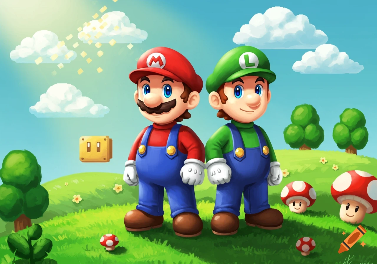 Mario and Luigi stand side-by-side on a green hill with clouds, trees, and mushrooms in a bright, colorful cartoon illustration.
