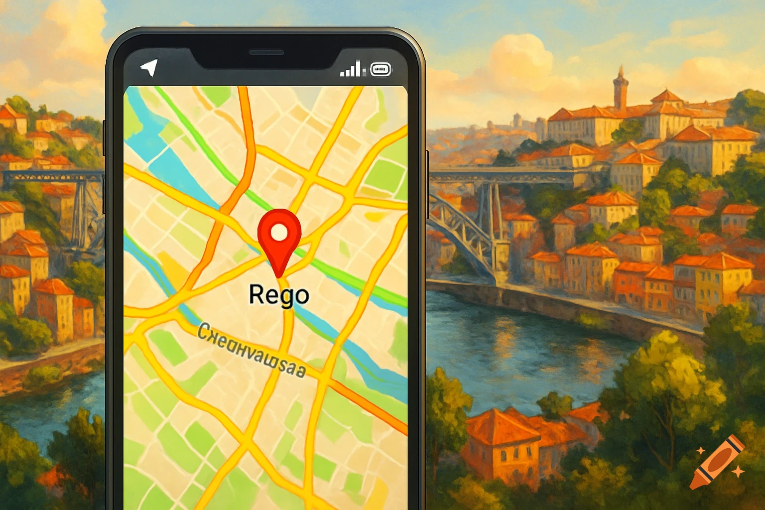 Smartphone displaying a map with a red pin over 'Rego', set against a vibrant, painterly cityscape with a river and a bridge.