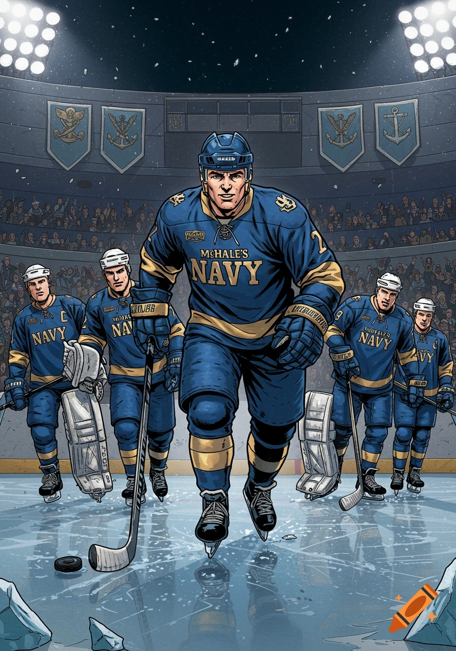 An illustration of a hockey team in blue and gold 'McHale's Navy' uniforms on the ice, with a stadium audience behind them.