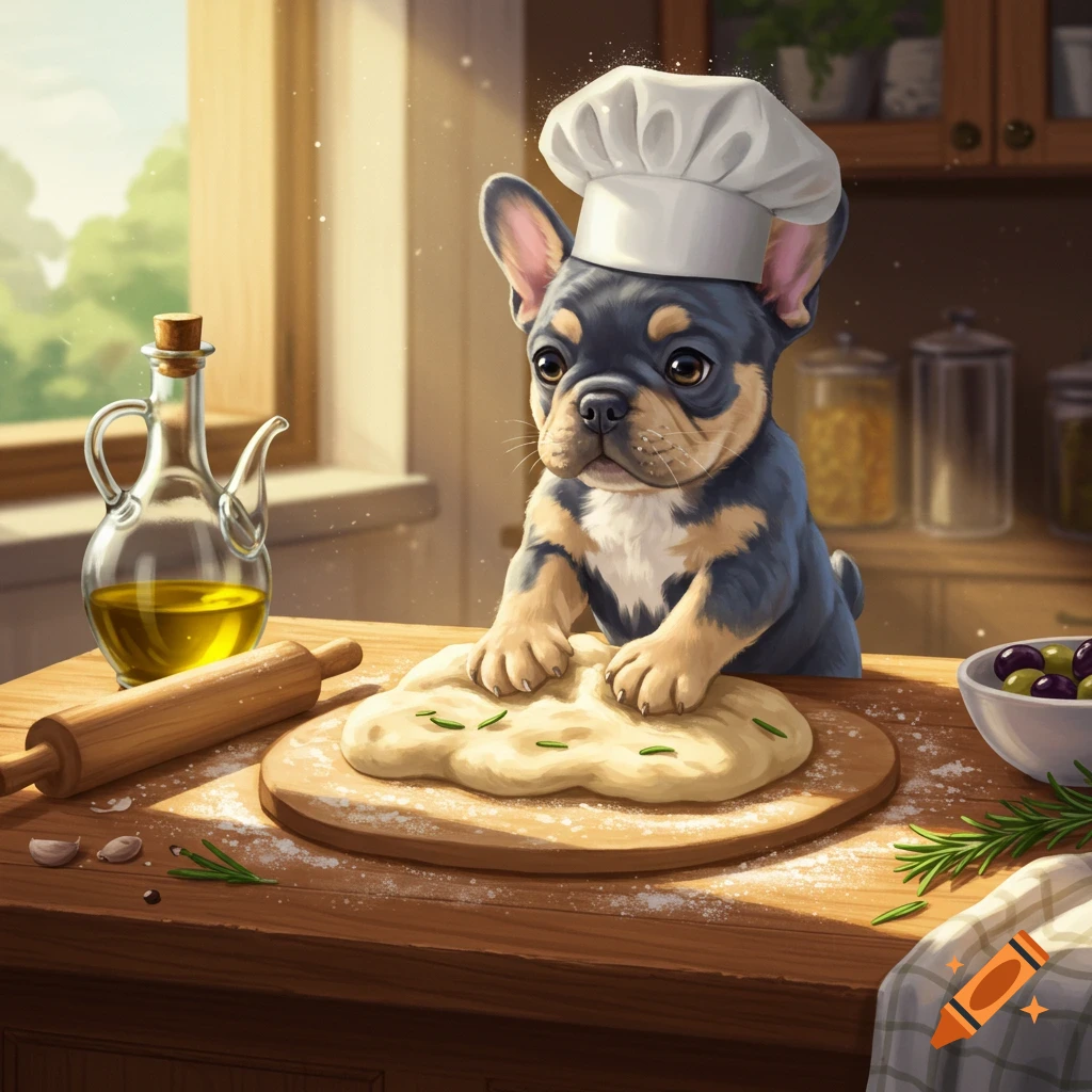 A cute blue and tan French bulldog wearing a chef's hat kneads focaccia dough on a wooden counter in a sunlit kitchen, illustration.