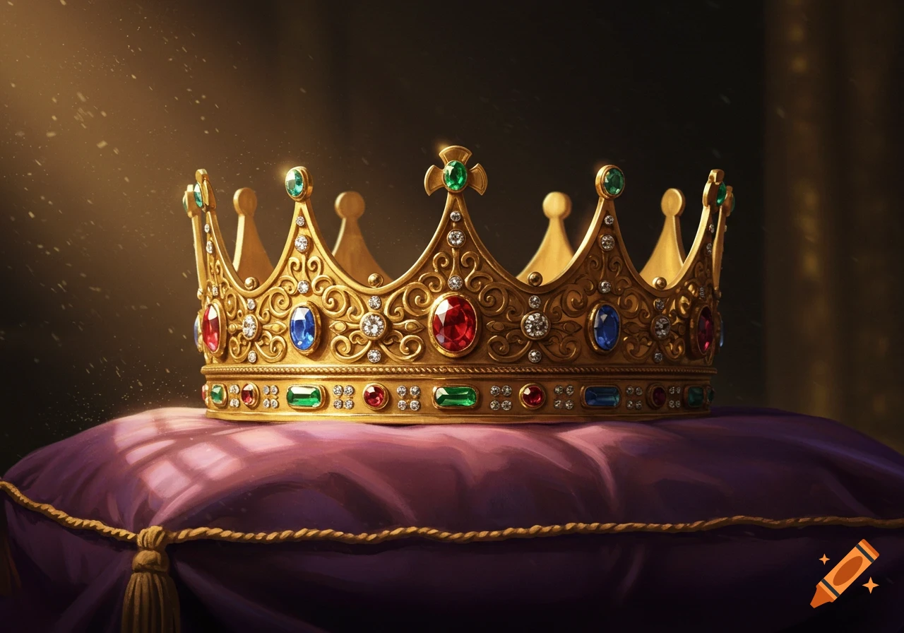 A gleaming gold crown adorned with colorful jewels and diamonds, resting on a plush purple velvet cushion, in a photorealistic style with dramatic lighting.