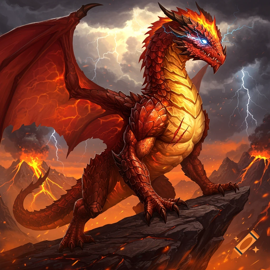 A majestic red and gold fire dragon with glowing blue eyes stands on a rock in a stormy, volcanic landscape with lightning.