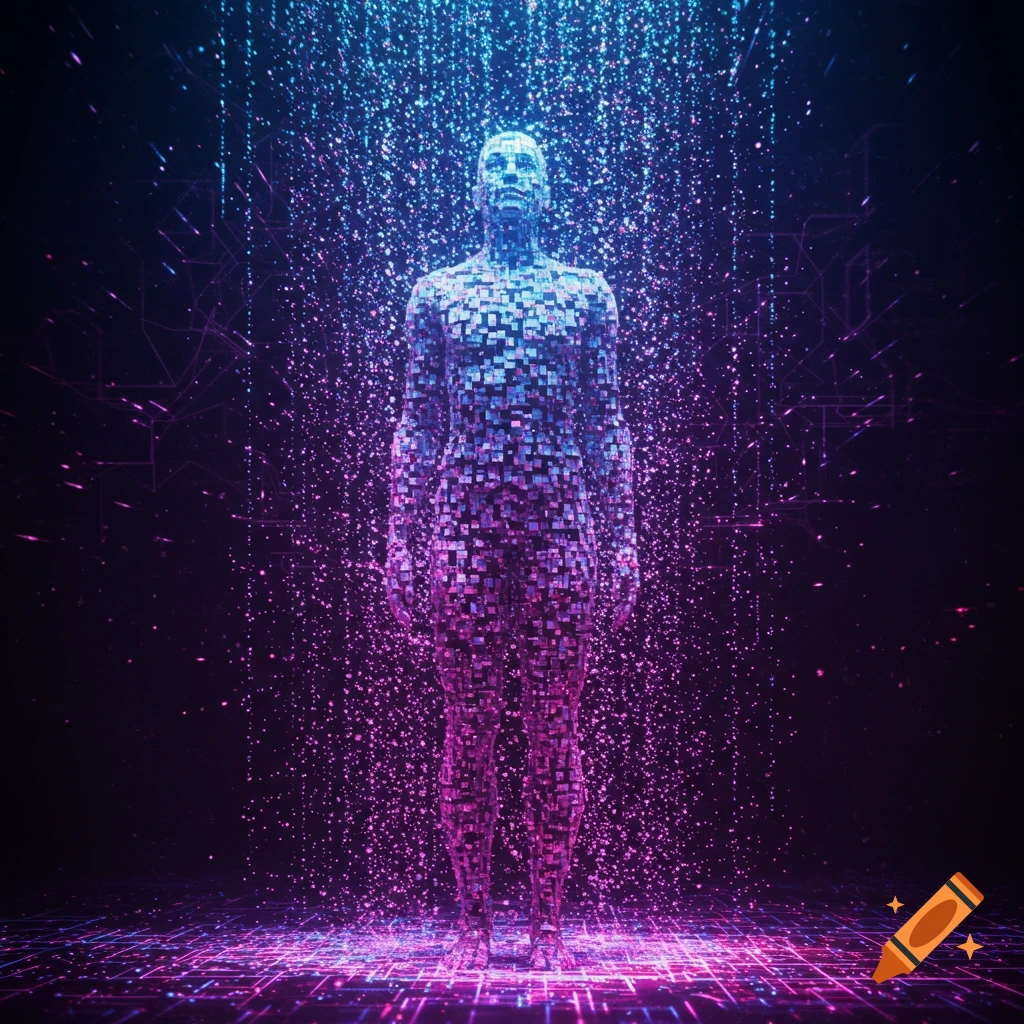 A futuristic human figure composed of glowing blue and pink pixels stands on a data grid amidst sparkling light particles.