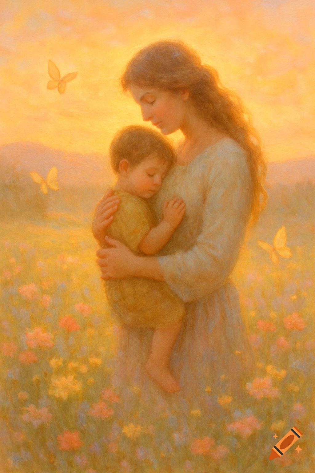 A painterly image of a mother gently embracing her child in a sunlit field filled with colorful wildflowers and butterflies.
