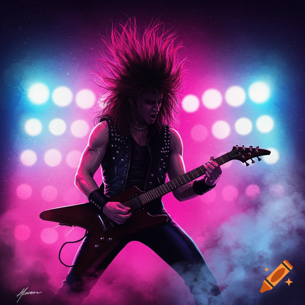 Vibrant illustration of an 80s metal guitarist with spiky hair playing a V-guitar on a smoky stage with pink and blue lights.
