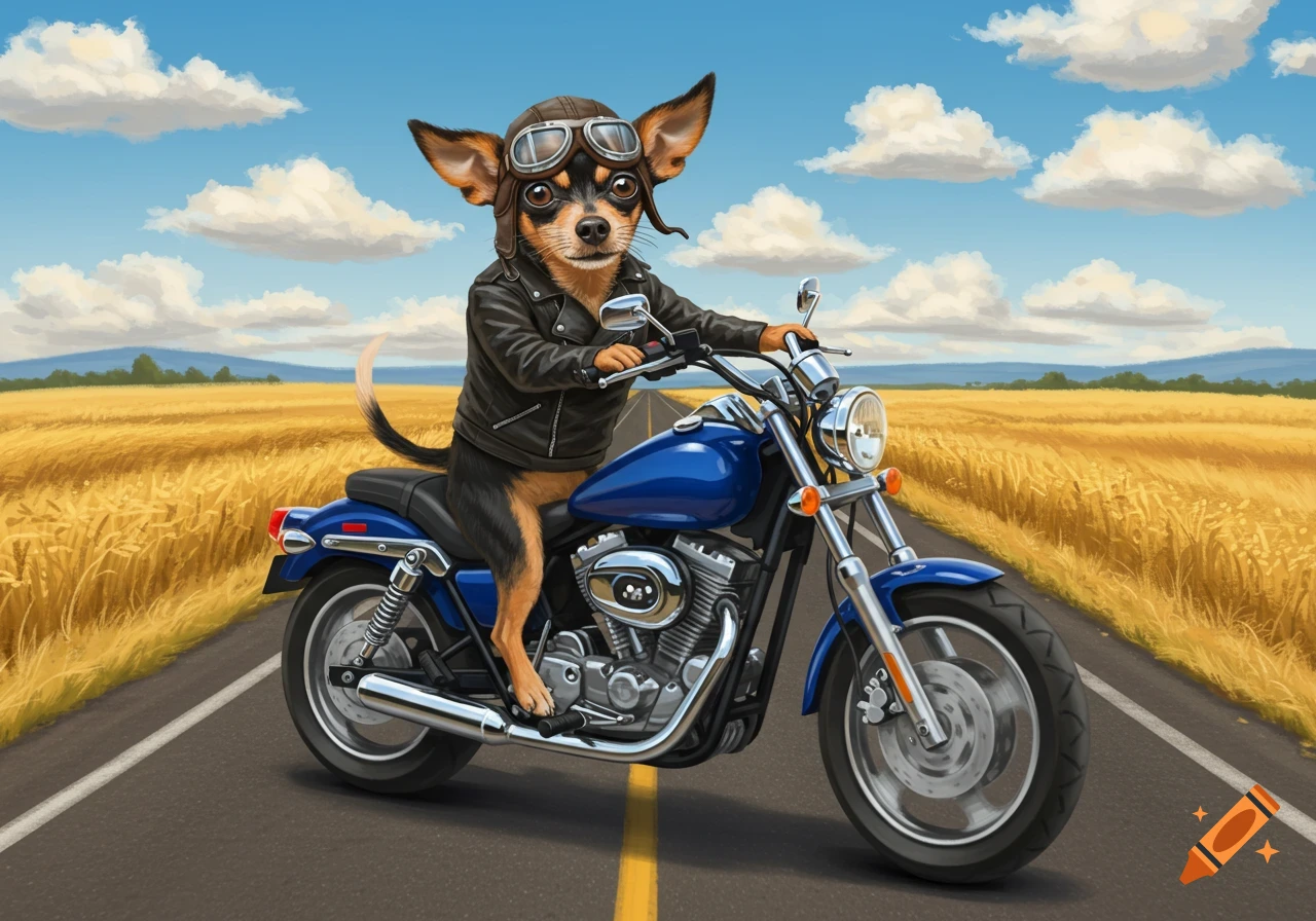 A cartoon chihuahua dog in a leather jacket and goggles rides a blue motorcycle on a road through a golden wheat field.