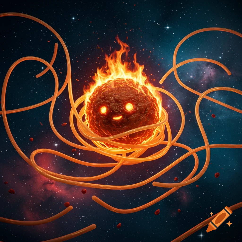 A stylized, flaming meatball with a happy face is wrapped in glowing spaghetti noodles, set against a dark, starry cosmic background with nebulae.