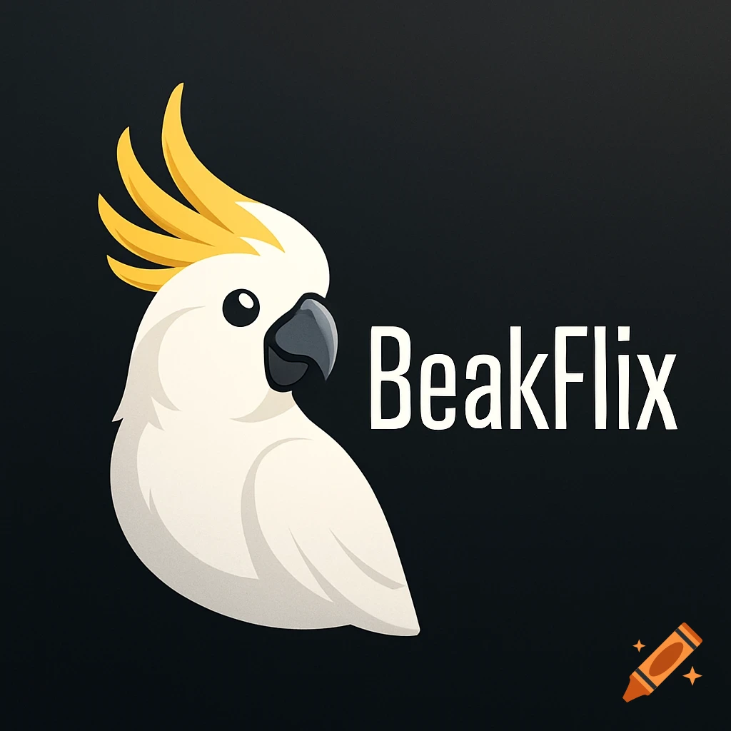 A cartoon logo of a white cockatoo with a yellow crest facing right, next to the white text "BeakFlix" on a black background.