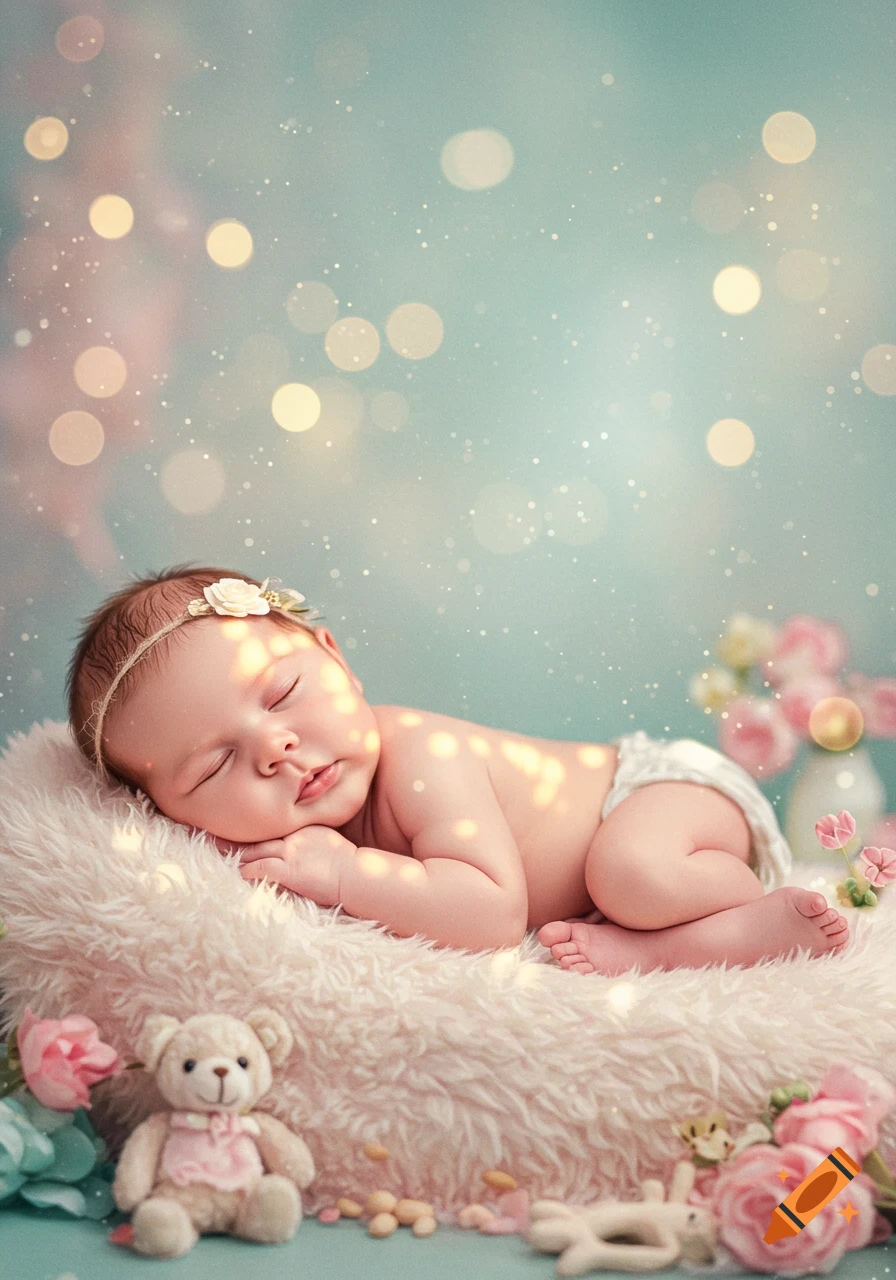 A peaceful baby sleeps on a fluffy blanket amidst flowers and a teddy bear, with a soft bokeh background.