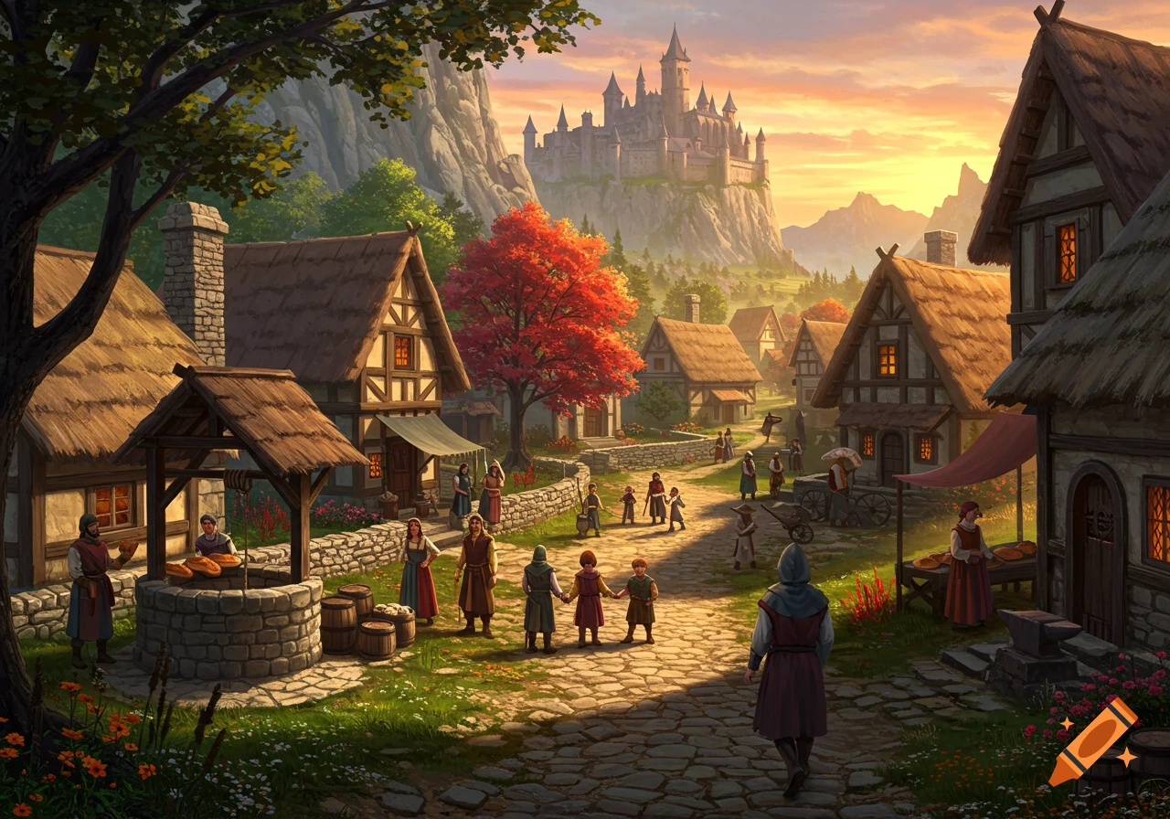 A vibrant fantasy illustration depicts a medieval village at sunset, with thatched-roof houses, villagers, and a distant castle on a mountain.