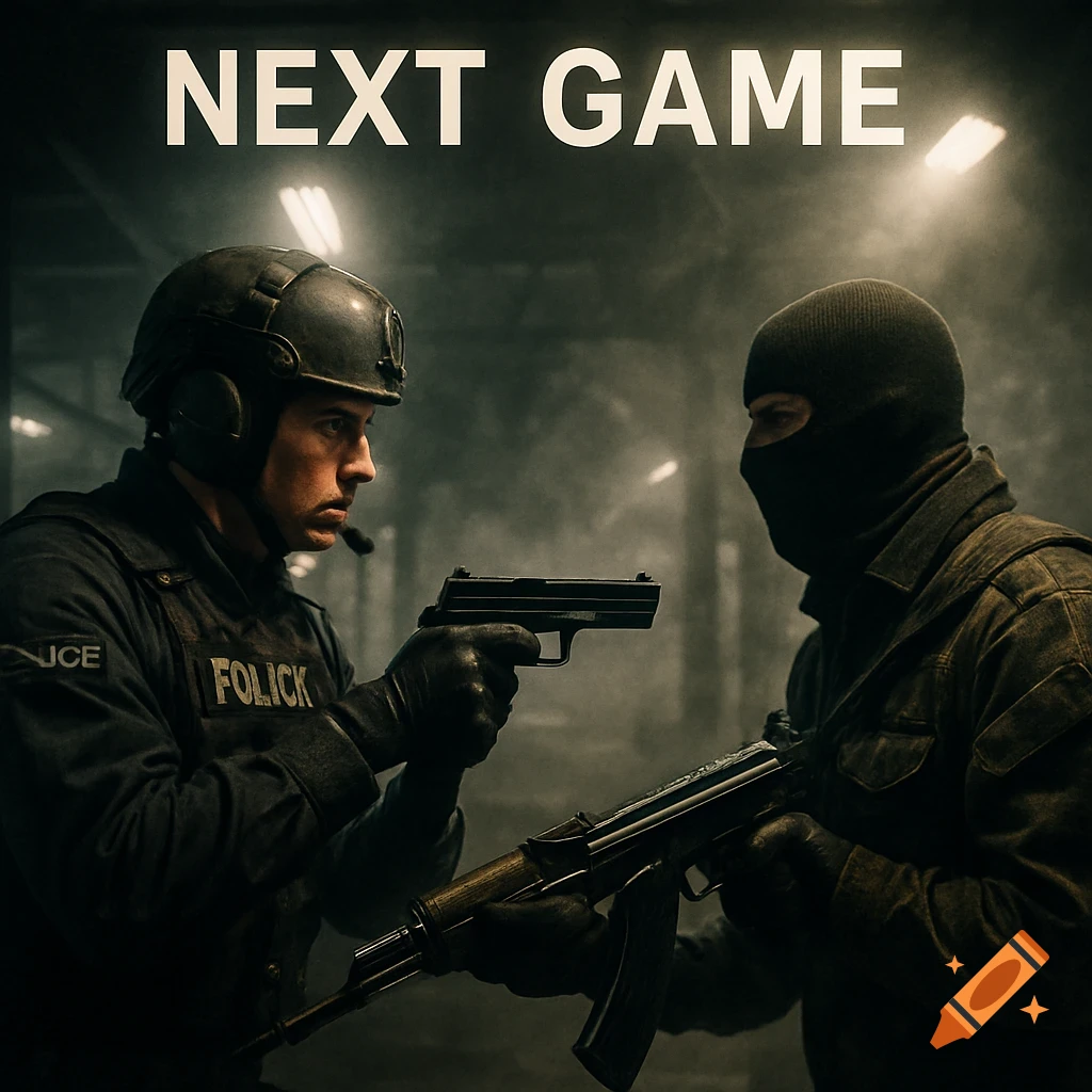 A dark, cinematic image of a police officer in tactical gear pointing a pistol at a person in a balaclava holding an assault rifle, with "NEXT GAME" text above.