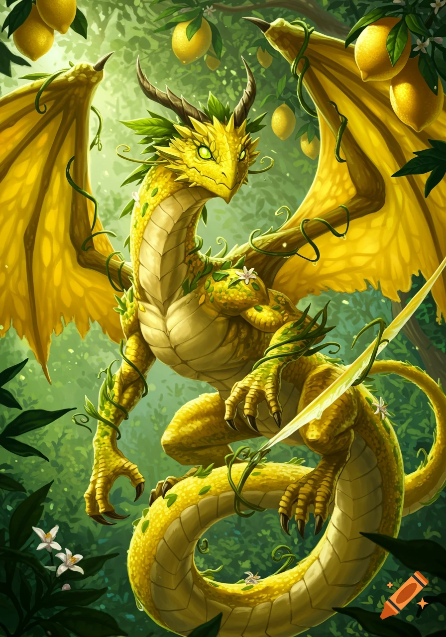A vibrant yellow lemon dragon covered in green leaves and vines stands amidst a lush lemon grove. Fantasy illustration.