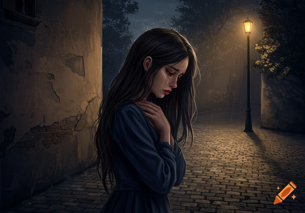 A long-haired girl in a dark blue dress cries in the rain on a cobblestone street, lit by a street lamp at night.