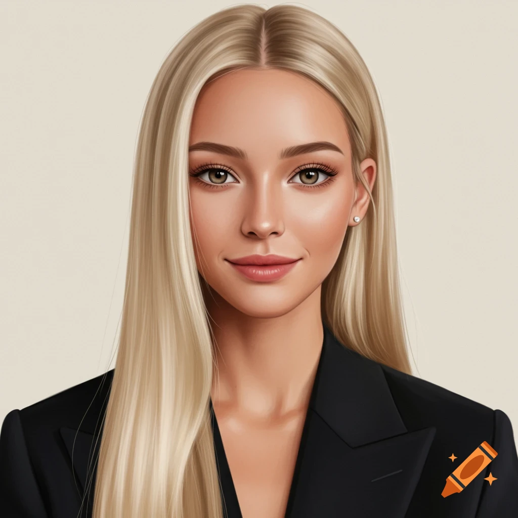 Digital portrait of a blonde woman with long straight hair and brown eyes, wearing a black blazer, smiling faintly at the camera.
