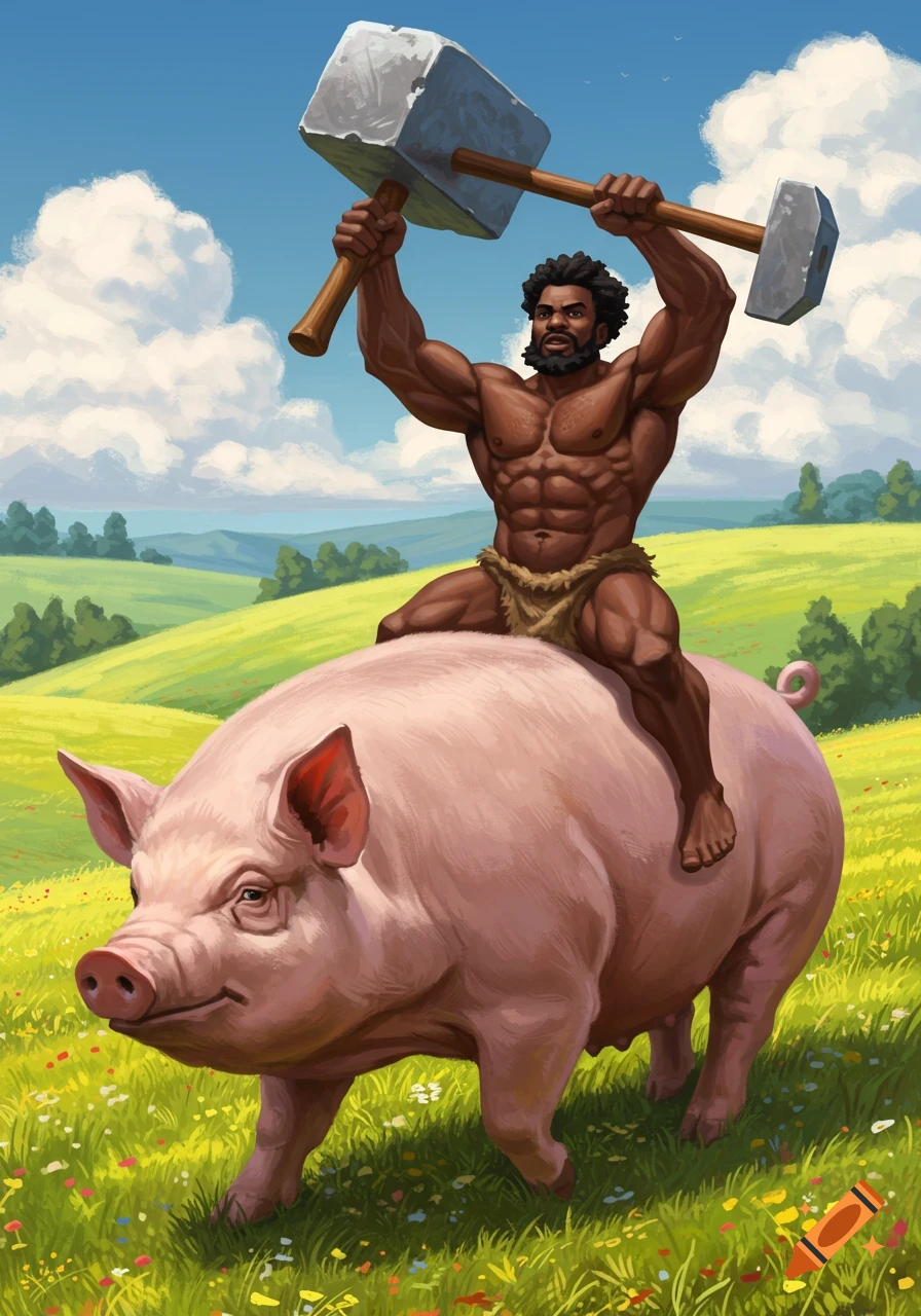 A muscular Black man with a goatee rides a large pink pig across a vibrant green field, holding two stone hammers high. Illustrated style.