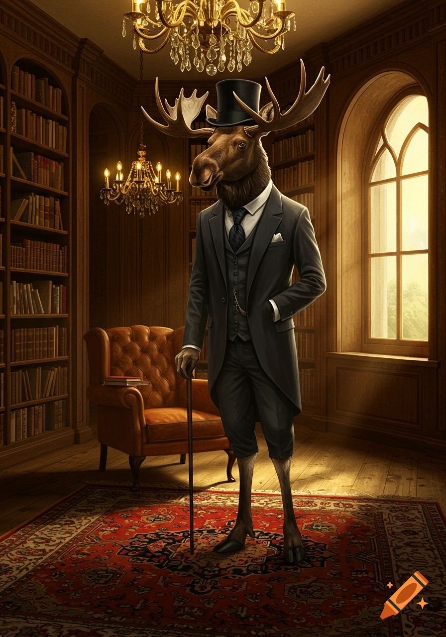 A photorealistic image of a moose wearing a top hat and a three-piece suit, holding a cane, standing in a grand library.
