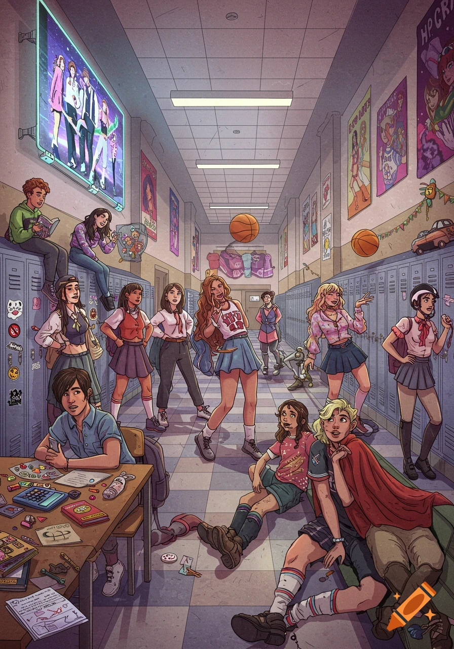 An illustrated school hallway scene filled with diverse student cliques, including a kpop clique on a screen, a nerd reading on lockers, and groups interacting, in a vibrant, detailed style.