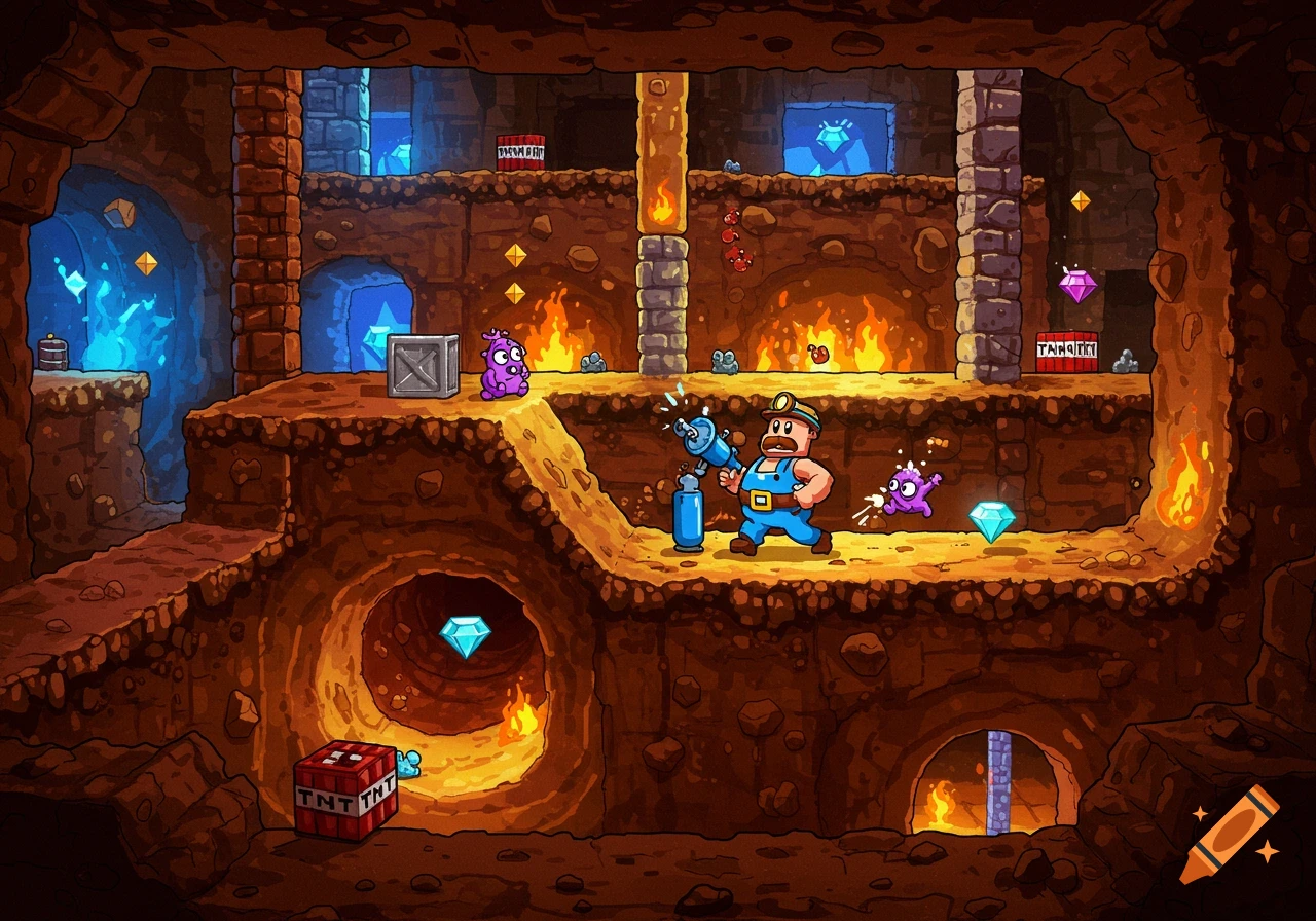 A cartoon miner in blue overalls, holding a drilling tool, explores a vibrant underground cave with purple monsters, sparkling gems, fire, and TNT blocks.