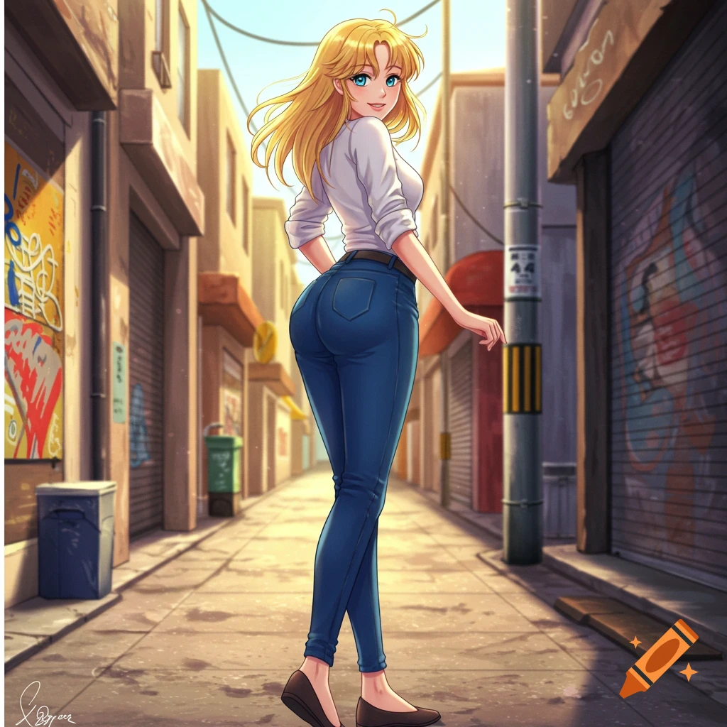 Anime woman with blonde hair in jeans and a white shirt looking over her shoulder on an urban street.