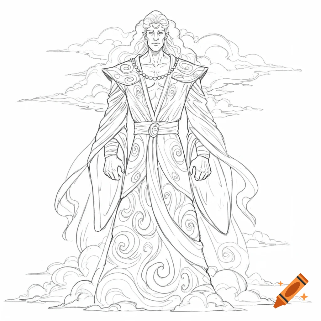 Line drawing of a muscular cloud giant with long hair and elaborate robes standing among clouds.