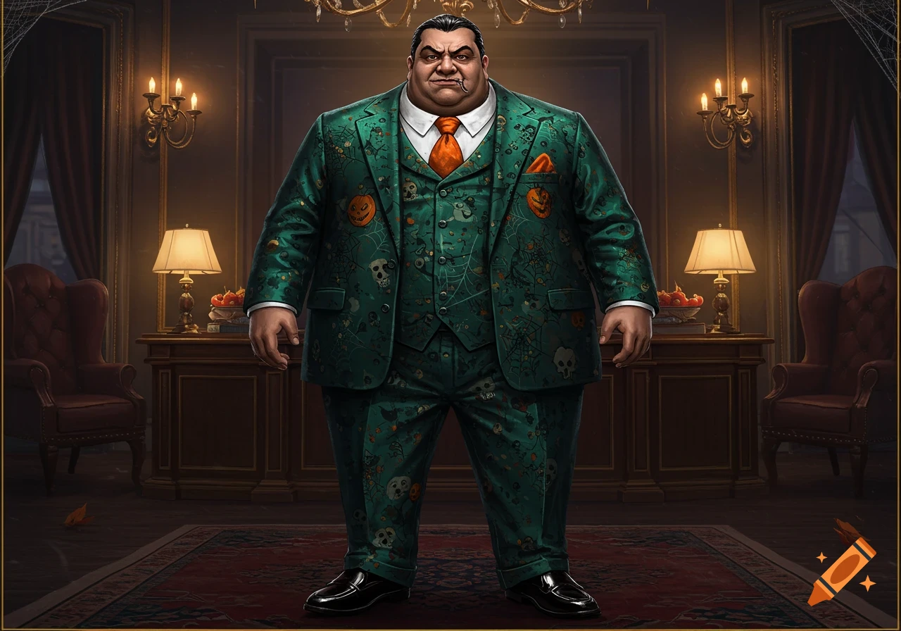 An obese mafia boss with a slicked-back hairstyle, wearing a green suit patterned with Halloween pumpkins and skulls, a white shirt, and an orange tie, stands in a richly decorated room.
