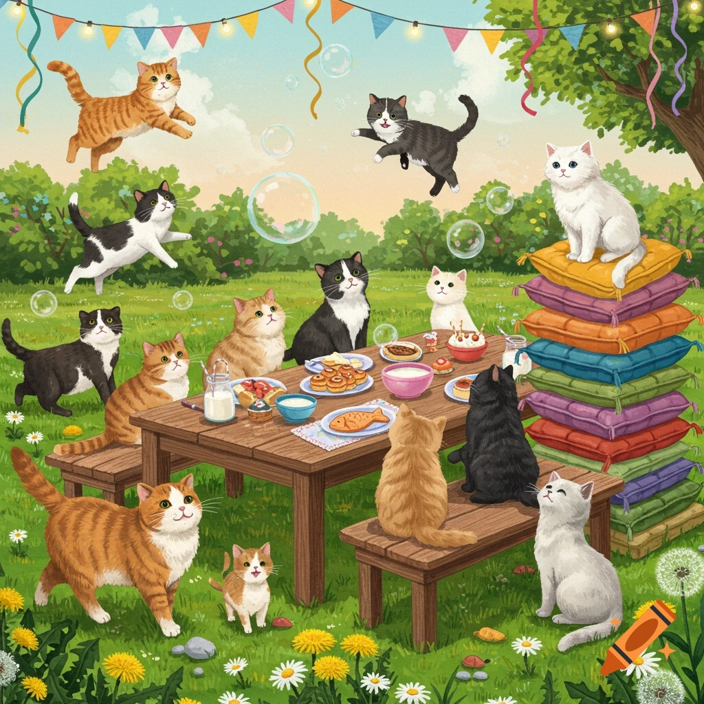 A group of cartoon cats enjoy a picnic party in a sunny, green field with dandelions, bubbles, and festive banners.